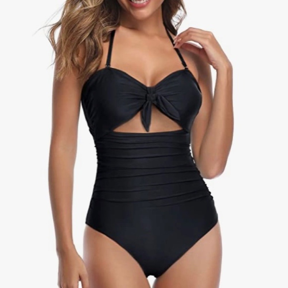 TEMPT ME Black Keyhole Front Tie One Piece Ruched Swimming Suit Swimsuit Size XS